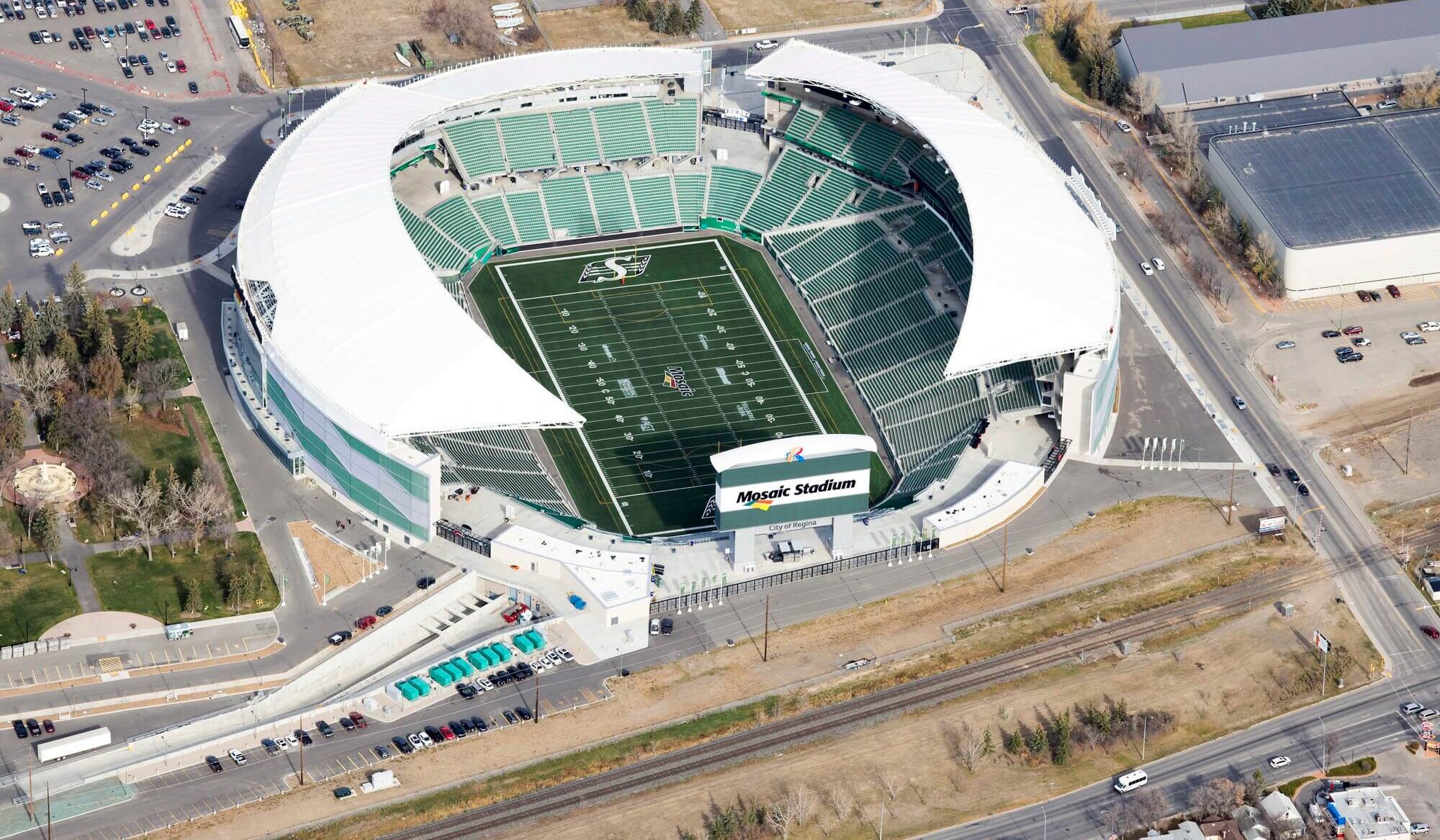 Drone image of Mosaic Stadium, part of the REAL District in Regina, SK