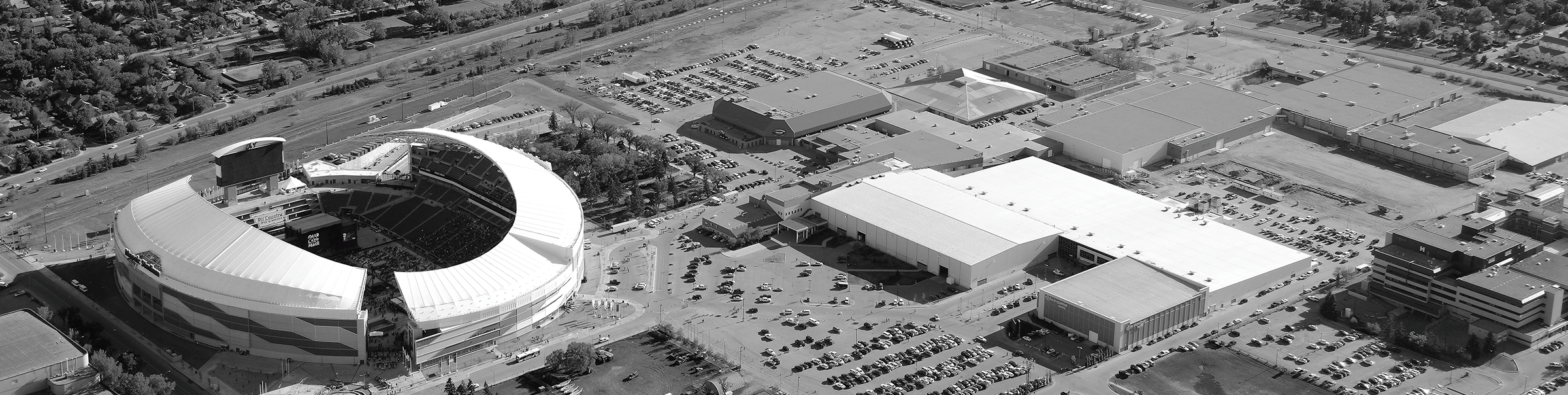 Aerial view of stadium and surrounding area.